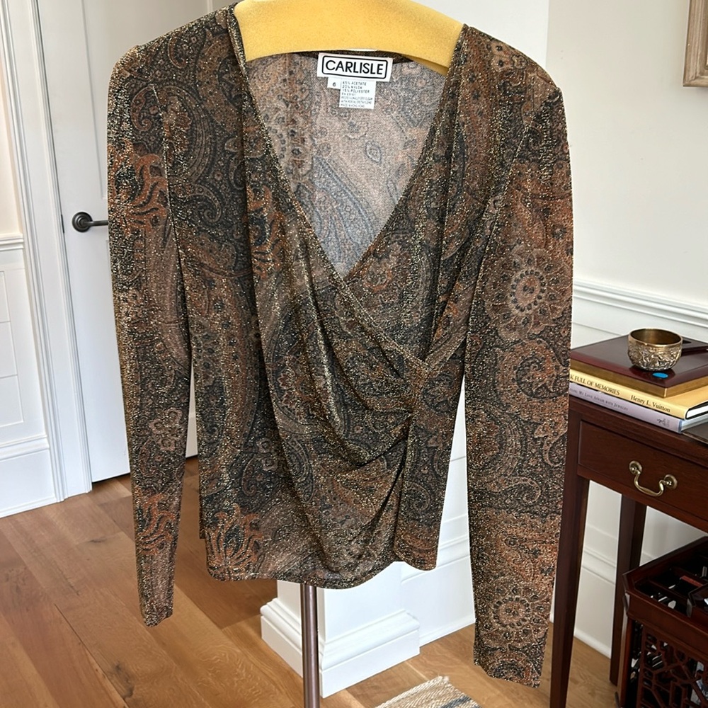 Metallic paisley patterned faux wrap blouse by Carlisle